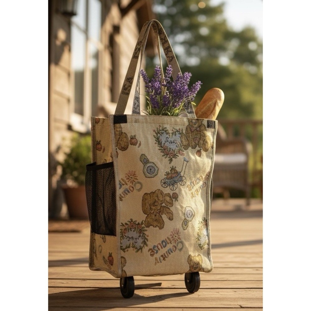 VTG 80s ISAKA Tapestry Country Bear Shopping Bag Tote on Wheels Cottagecore Twee